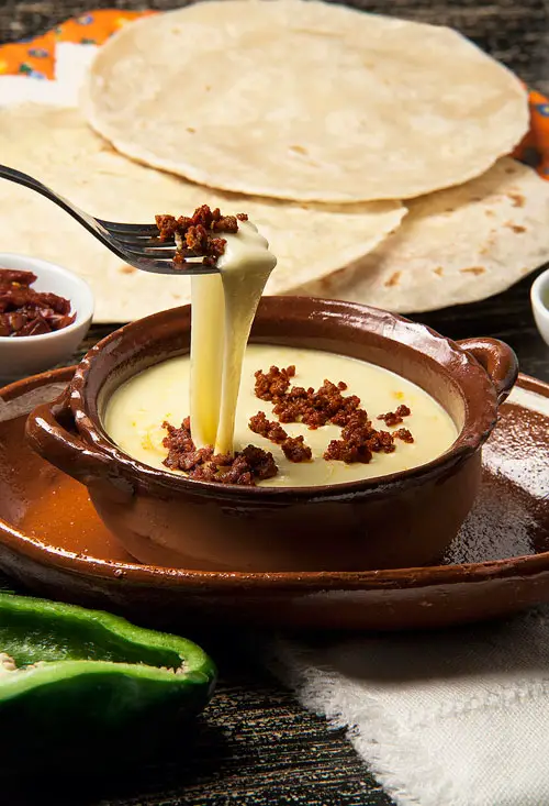 Melted Cheese with Chorizo with flour tortillas